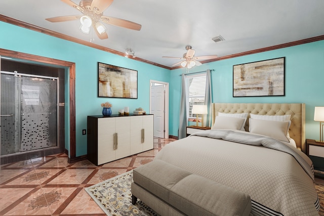 bedroom featuring ceiling fan and crown molding