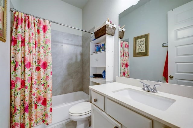 full bathroom featuring vanity, toilet, and shower / bathtub combination with curtain