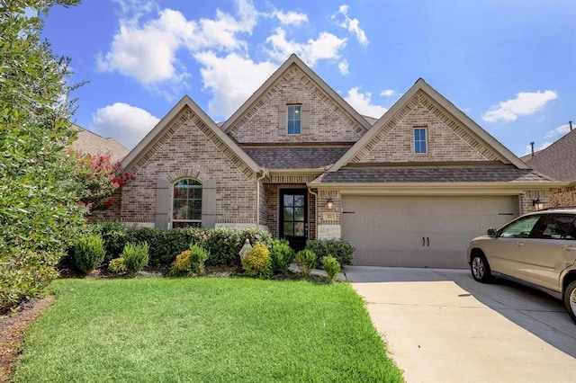 view of front facade with a front yard and a garage