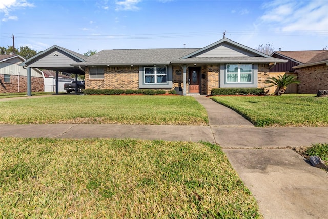 ranch-style home with a front yard and a carport