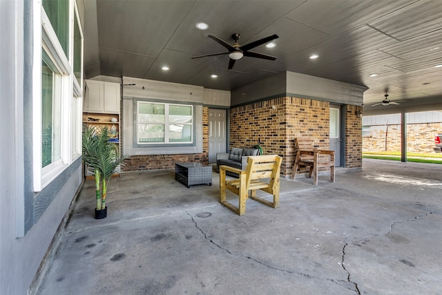 view of patio featuring ceiling fan and an outdoor hangout area