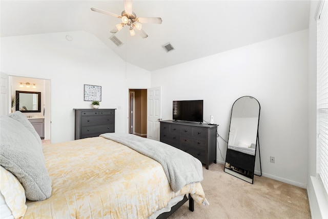 bedroom featuring ceiling fan, visible vents, vaulted ceiling, and light colored carpet