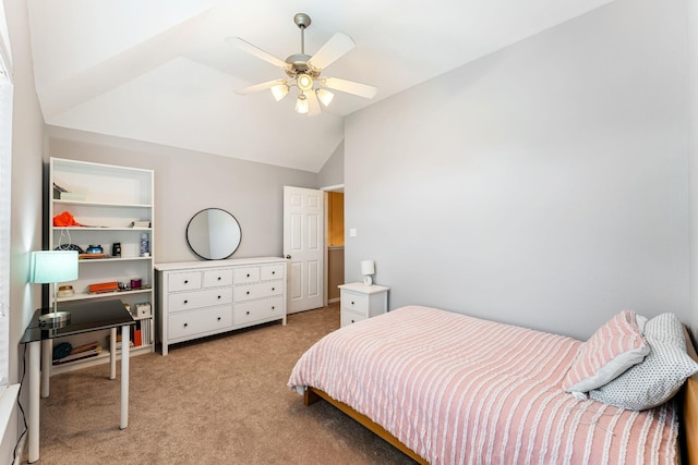 bedroom with light carpet, ceiling fan, and vaulted ceiling