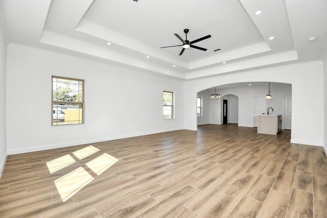 unfurnished living room featuring a healthy amount of sunlight, a raised ceiling, and light hardwood / wood-style flooring