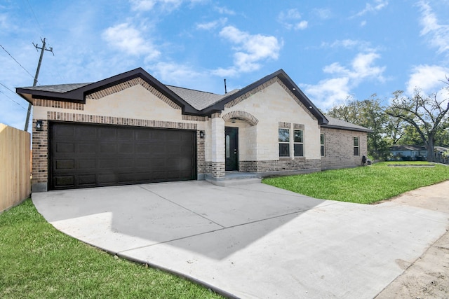 view of front of house featuring a front lawn and a garage