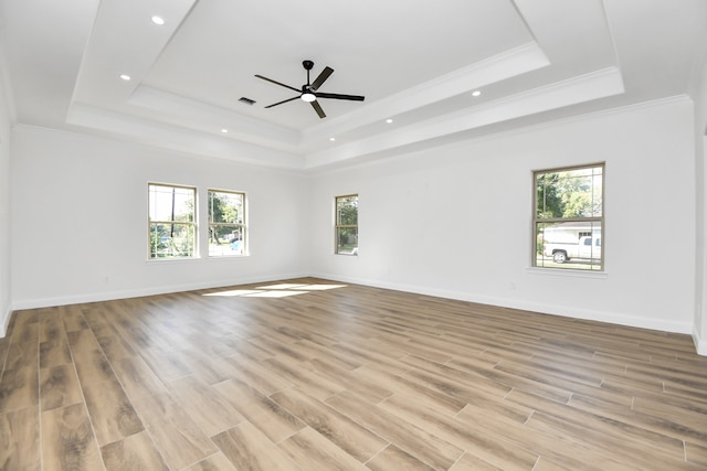 empty room with a raised ceiling, light hardwood / wood-style flooring, and a healthy amount of sunlight