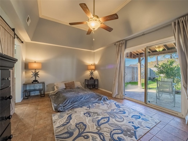 tiled bedroom featuring a barn door, access to outside, high vaulted ceiling, and ceiling fan