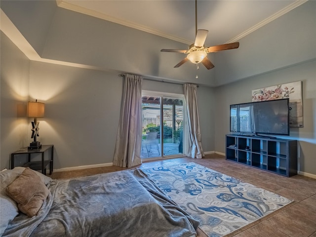 bedroom featuring access to outside, ceiling fan, and ornamental molding