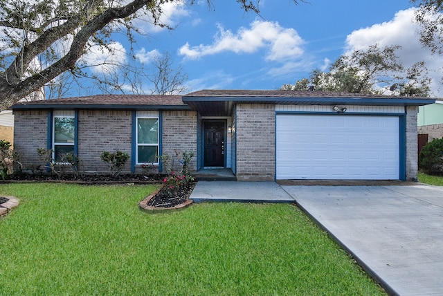 ranch-style home featuring a garage and a front lawn