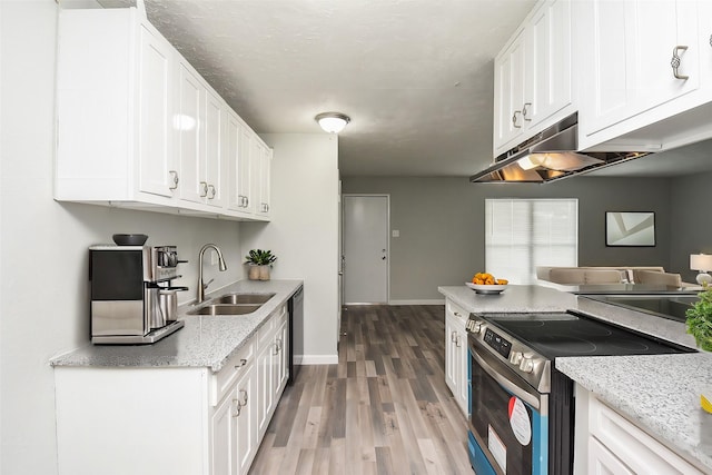 kitchen with sink, appliances with stainless steel finishes, light stone counters, wood-type flooring, and white cabinets