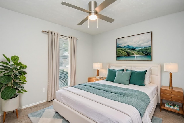 bedroom with light colored carpet and ceiling fan