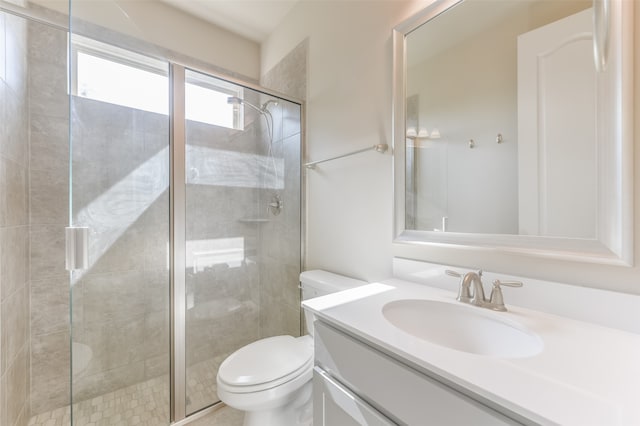 bathroom featuring vanity, toilet, and a shower with shower door