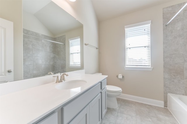 full bathroom featuring vanity, tiled shower / bath combo, tile patterned flooring, toilet, and lofted ceiling