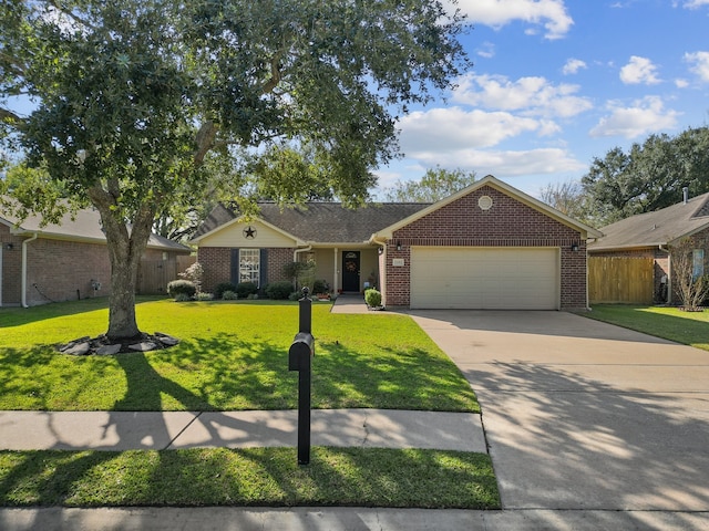 single story home featuring a garage and a front yard