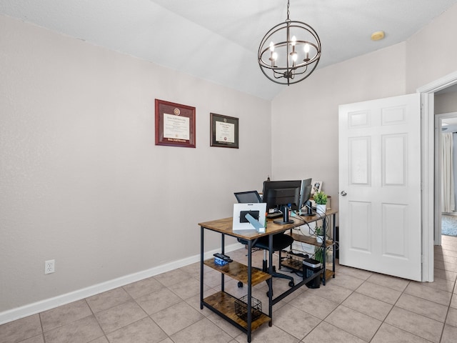 office space featuring light tile patterned floors, lofted ceiling, and a notable chandelier