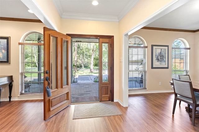 entrance foyer featuring wood-type flooring and ornamental molding