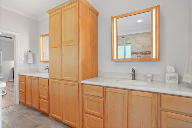 bathroom with vanity, hardwood / wood-style flooring, walk in shower, and ornamental molding