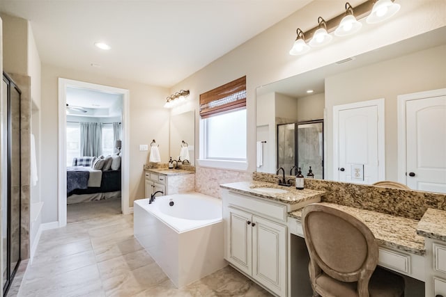 bathroom featuring separate shower and tub, tile patterned floors, vanity, and ceiling fan