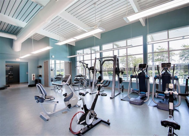 gym with a high ceiling and a healthy amount of sunlight