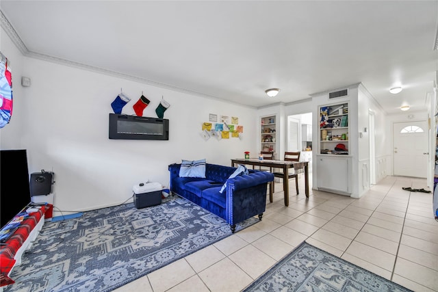 tiled living room with ornamental molding