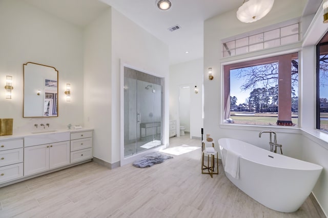 full bathroom with vanity, toilet, and independent shower and bath