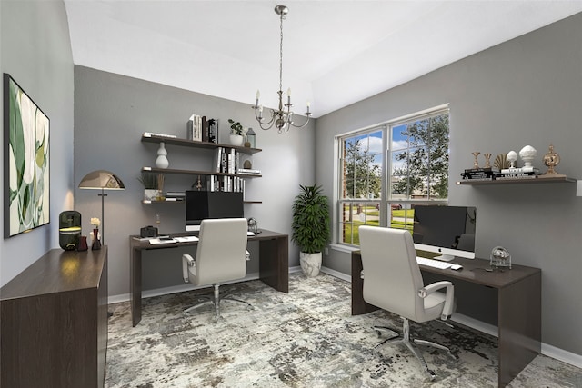 home office featuring a notable chandelier