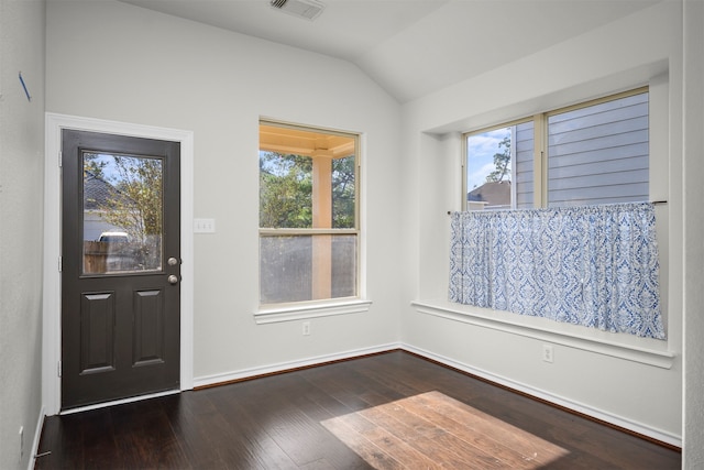 foyer with dark hardwood / wood-style flooring, vaulted ceiling, and a healthy amount of sunlight