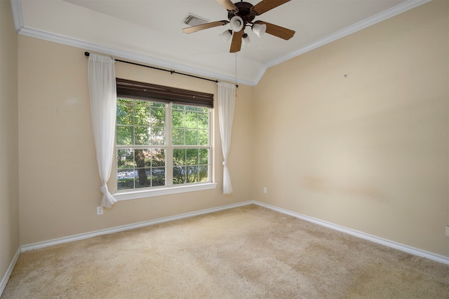 carpeted spare room with ceiling fan and ornamental molding