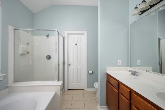 full bathroom with vanity, vaulted ceiling, independent shower and bath, tile patterned flooring, and toilet