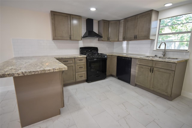 kitchen featuring sink, wall chimney exhaust hood, kitchen peninsula, decorative backsplash, and black appliances