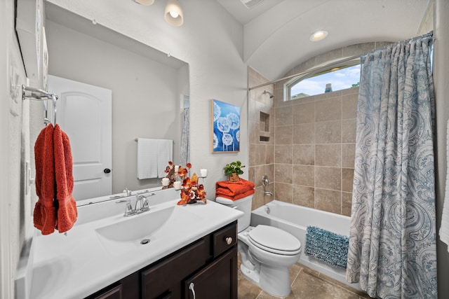 full bathroom with tile patterned floors, vanity, toilet, and shower / tub combo with curtain