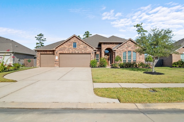 view of front of home featuring a front yard and a garage