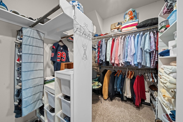 walk in closet featuring light carpet