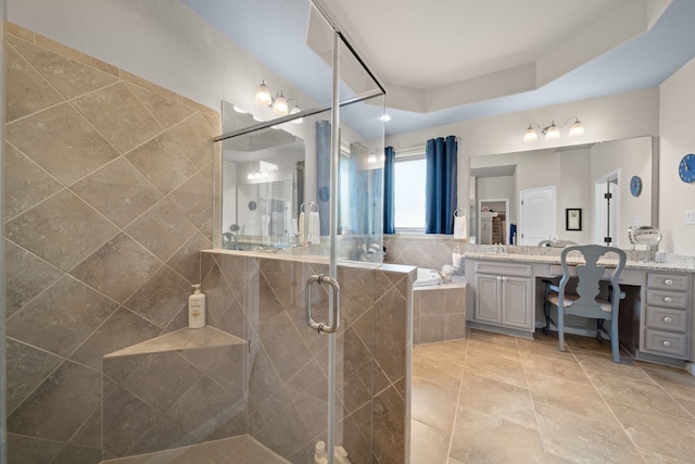 bathroom with vanity, tile patterned floors, and independent shower and bath