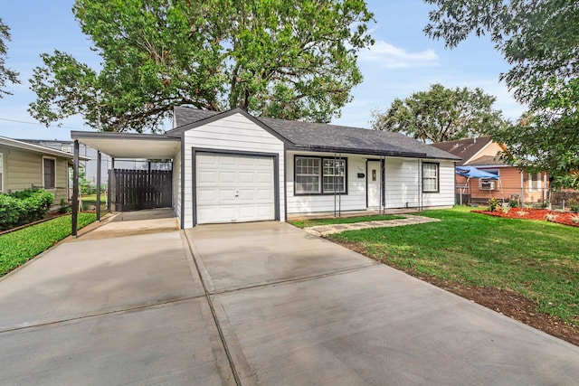 ranch-style home with a front lawn, a porch, and a carport