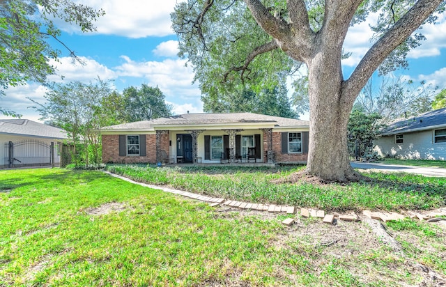 single story home with a porch and a front lawn