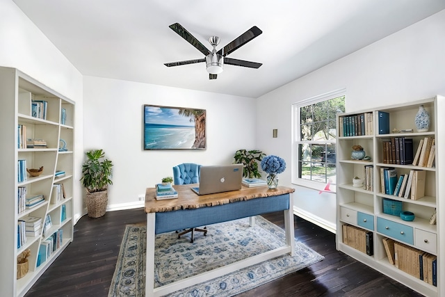 office space with ceiling fan and dark wood-type flooring