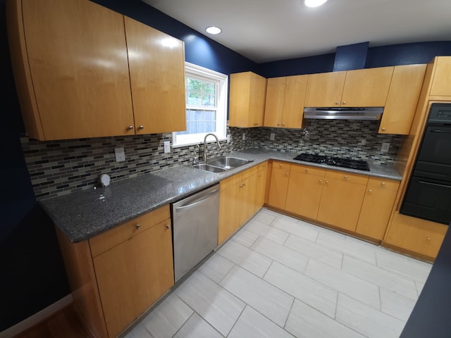 kitchen with tasteful backsplash, sink, and black appliances