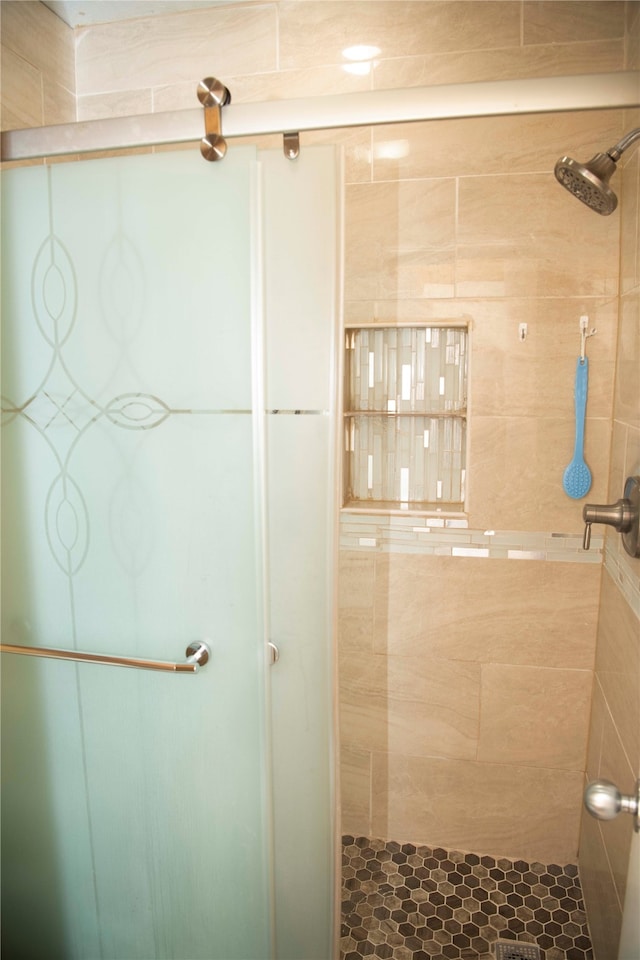 bathroom with a shower with shower door