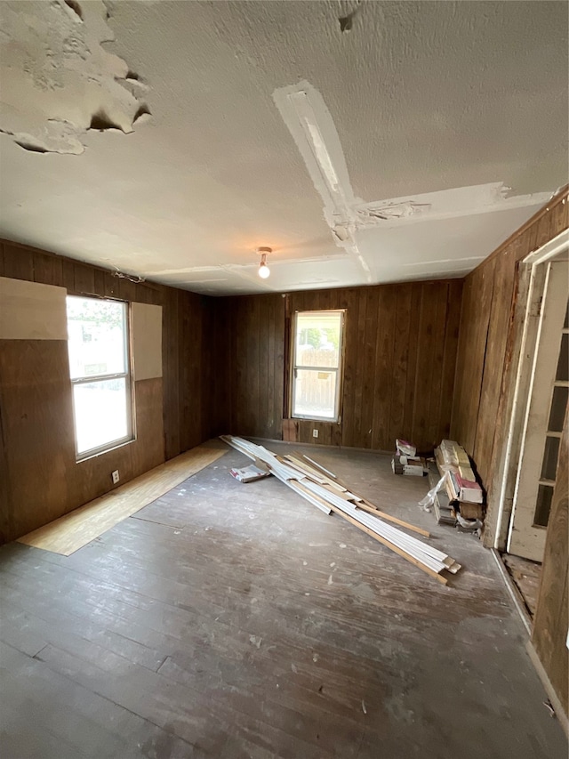 misc room with wood-type flooring and wooden walls