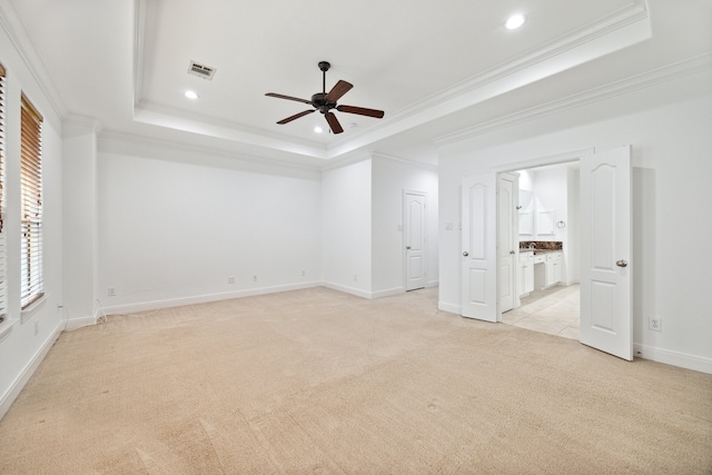 spare room featuring light colored carpet, a raised ceiling, and ornamental molding