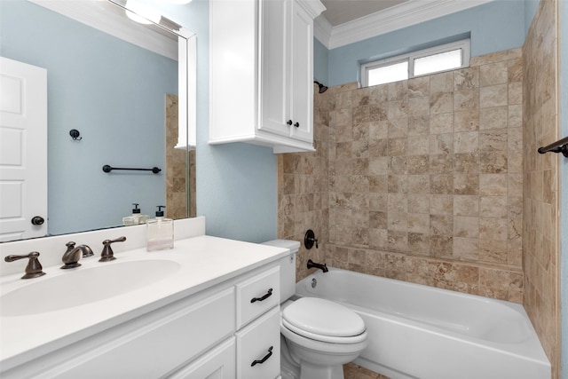 full bathroom with vanity, tiled shower / bath combo, toilet, and ornamental molding