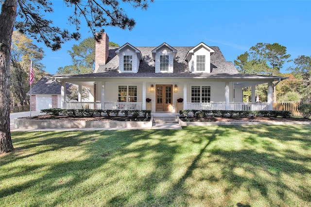 view of front of home with a front yard, a porch, and a garage