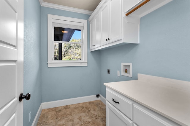 laundry area featuring cabinets, hookup for a washing machine, crown molding, and electric dryer hookup