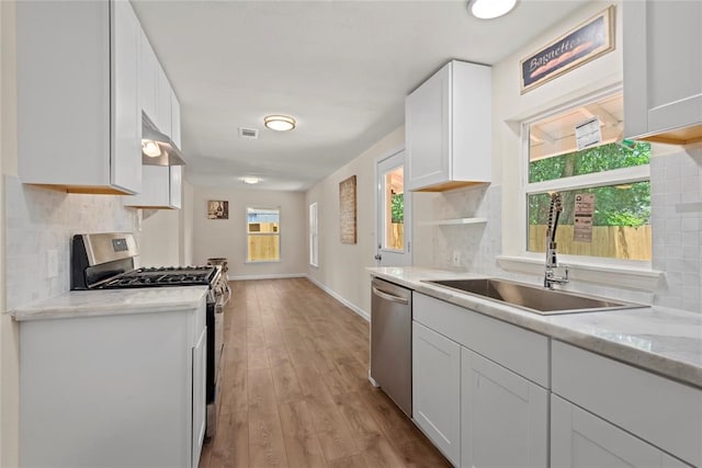 kitchen with white cabinets, appliances with stainless steel finishes, light hardwood / wood-style floors, and sink