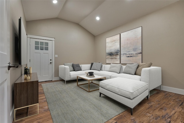 living room with vaulted ceiling, recessed lighting, wood finished floors, and baseboards