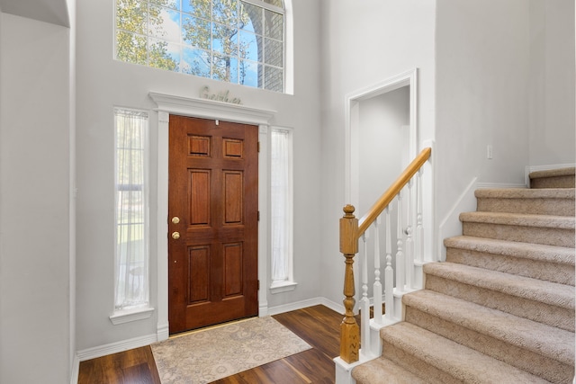 entryway featuring dark wood-type flooring and a high ceiling