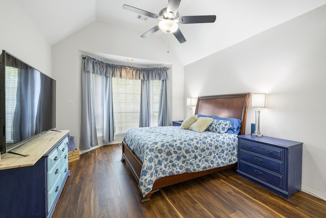 bedroom with dark hardwood / wood-style floors, ceiling fan, and lofted ceiling