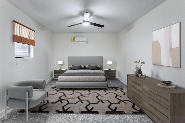 bedroom featuring carpet flooring, an AC wall unit, and ceiling fan