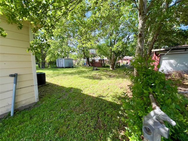 view of yard featuring cooling unit and a storage shed